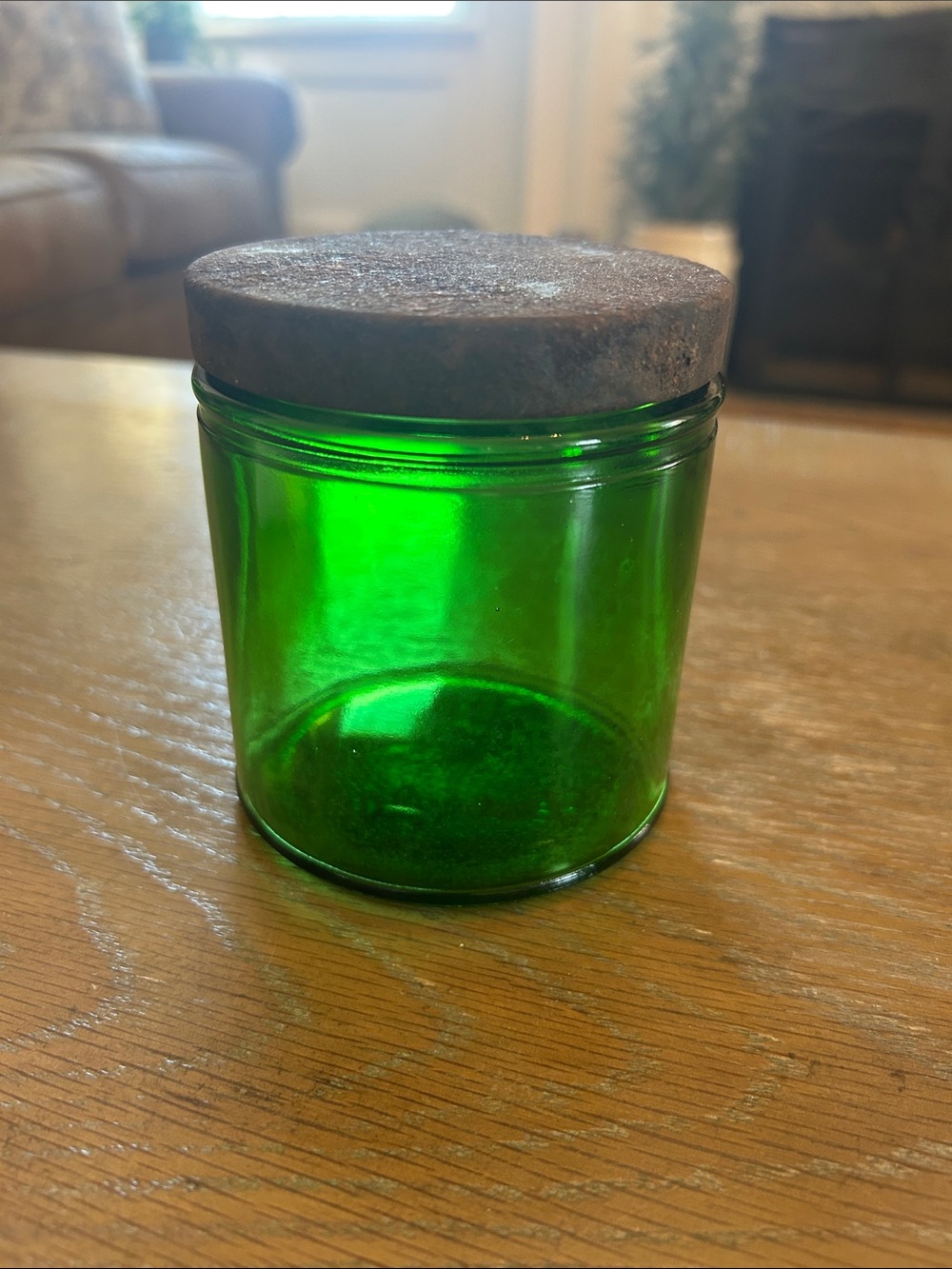 VTG Duraglas green glass jar with rusted metal lid